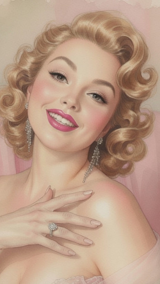 A stylized portrait print of a blonde woman with curled mid-century hair, wearing a pale pink draped garment and posing on a pink chair. The artwork has a soft, painterly filter with a light beige border around the edges.