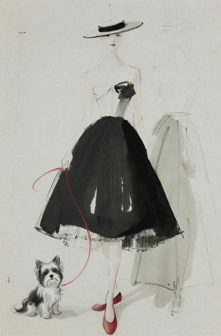 elegant fashion illustration Dior Bar Dress with Biewer terrier and red ballet flats